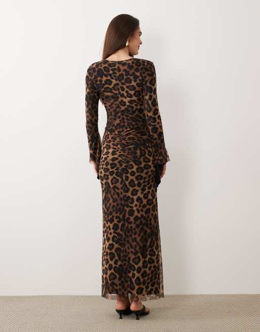 ASOS DESIGN printed mesh asymmetrical angel sleeve maxi dress in leopard, 4 of 4