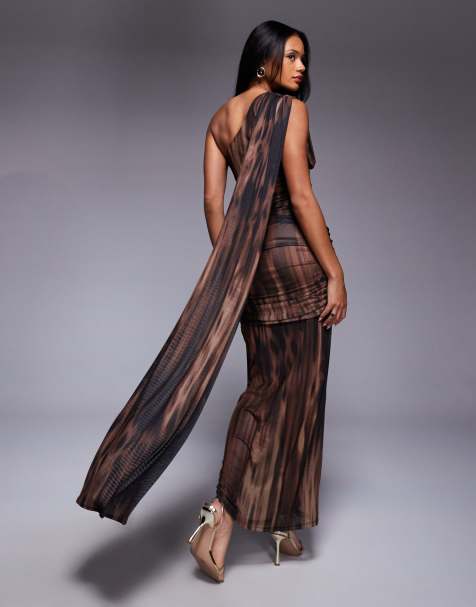 ASOS DESIGN printed mesh asymmetrical ruched maxi dress with drape in animal print - view 1
