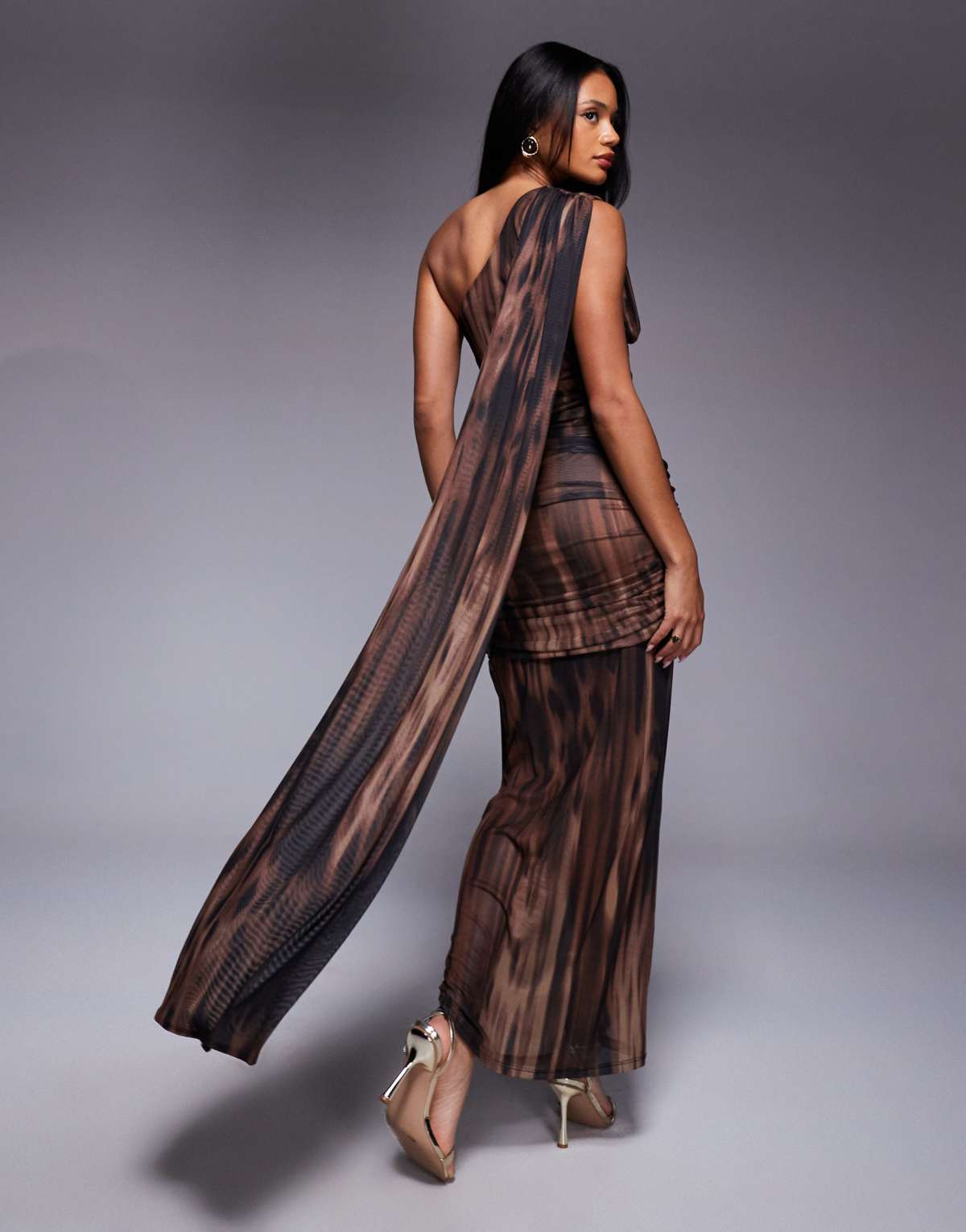 ASOS DESIGN printed mesh asymmetrical ruched maxi dress with drape in animal print