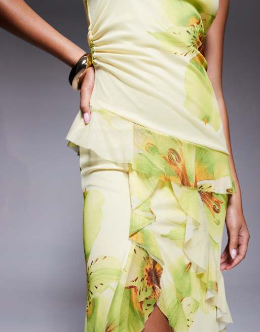 ASOS DESIGN printed mesh bandeau midi dress with ruffle details in floral print, 3 of 4