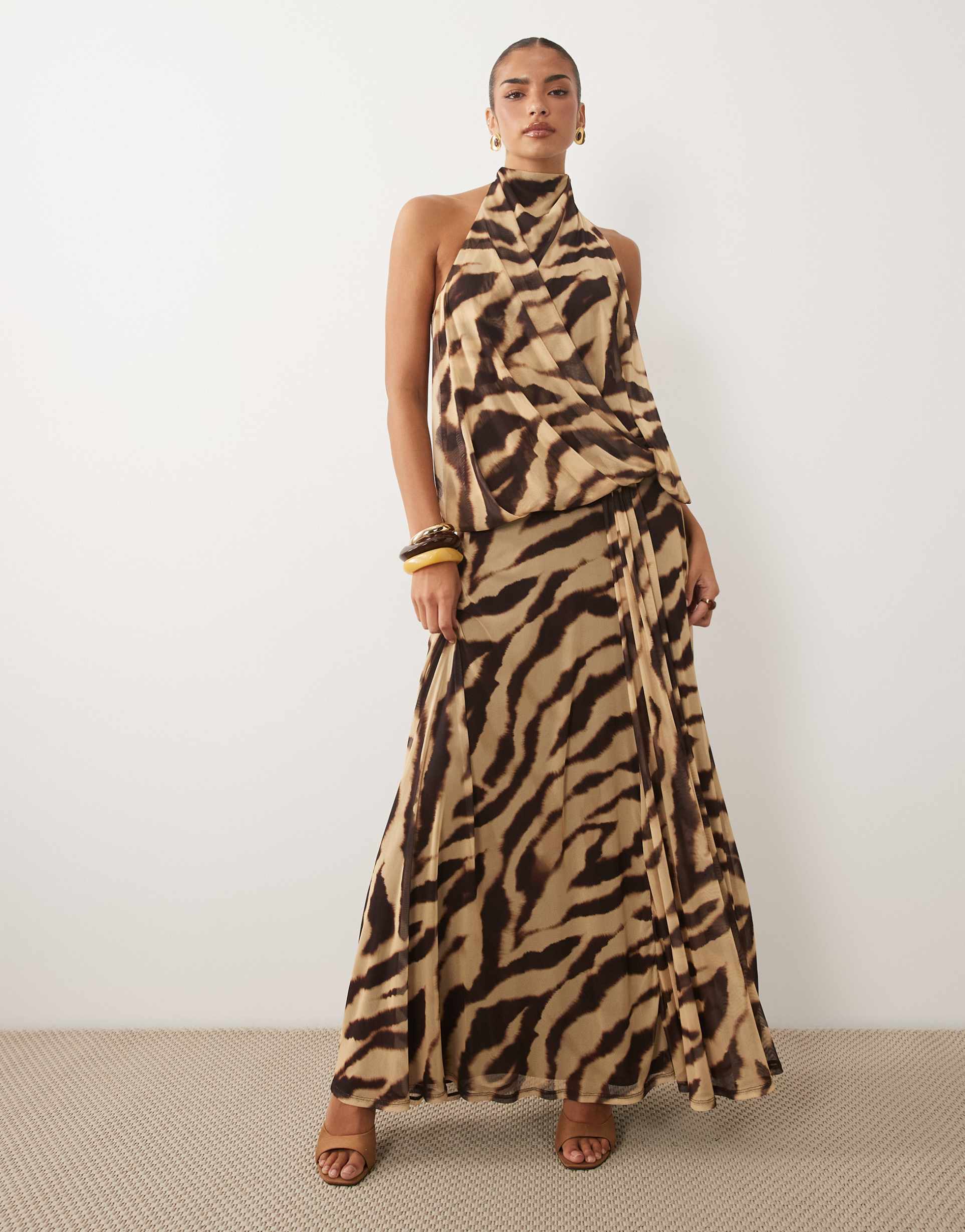 asos design printed mesh blouson maxi dress in zebra print