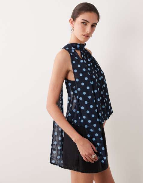 ASOS DESIGN printed mesh bubble hem halter top in polka dot print - view 1