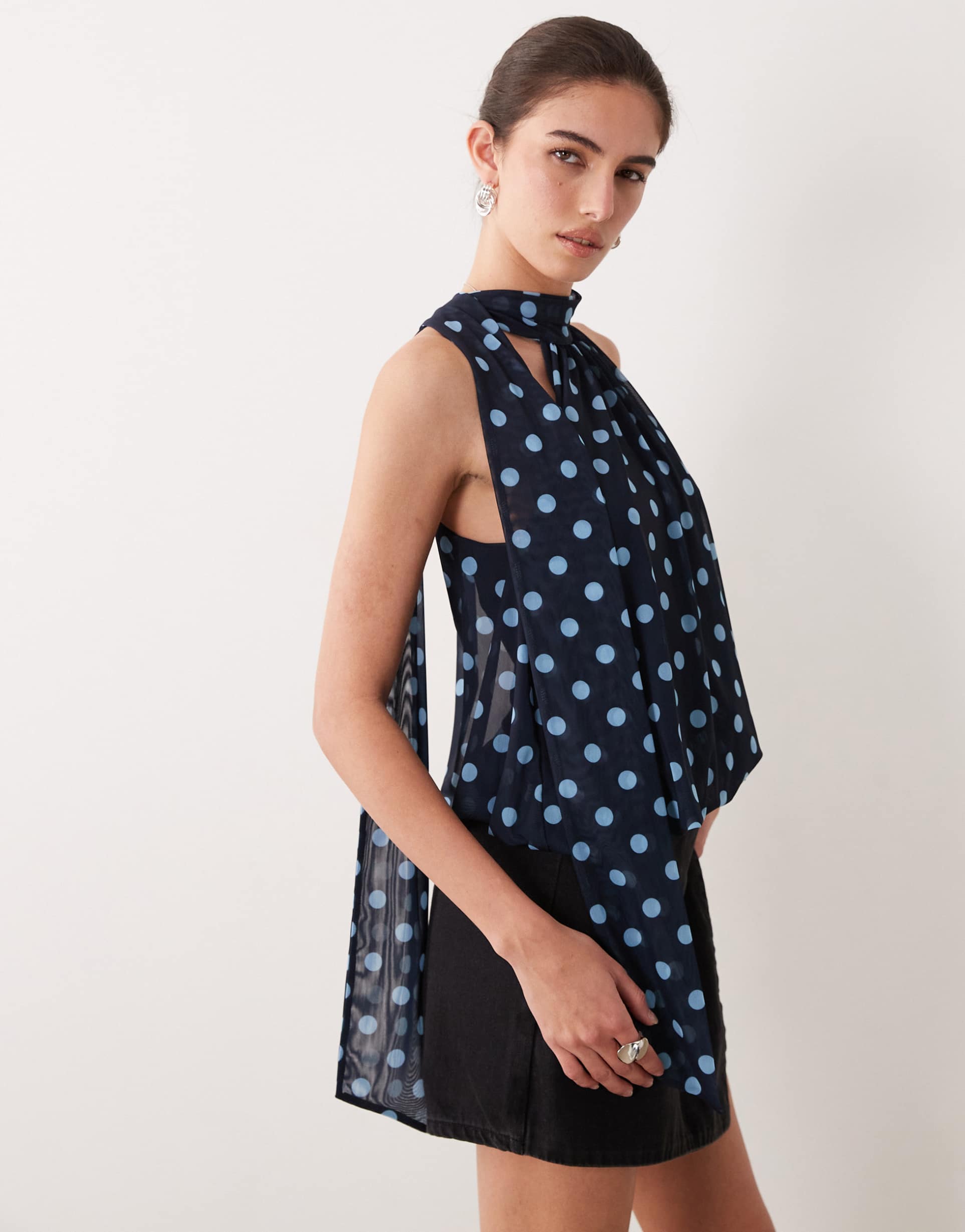 asos design printed mesh bubble hem halter top in spot print