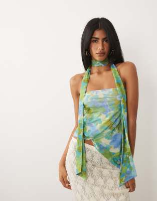 ASOS DESIGN printed mesh bubble scarf top with knot in floral print