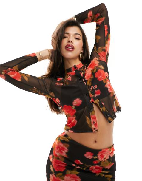 ASOS DESIGN printed mesh button through cardigan in floral co-ord - view 1