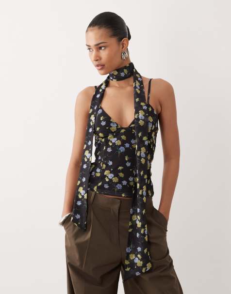 ASOS DESIGN printed mesh cami top with scarf detail in floral print - view 1