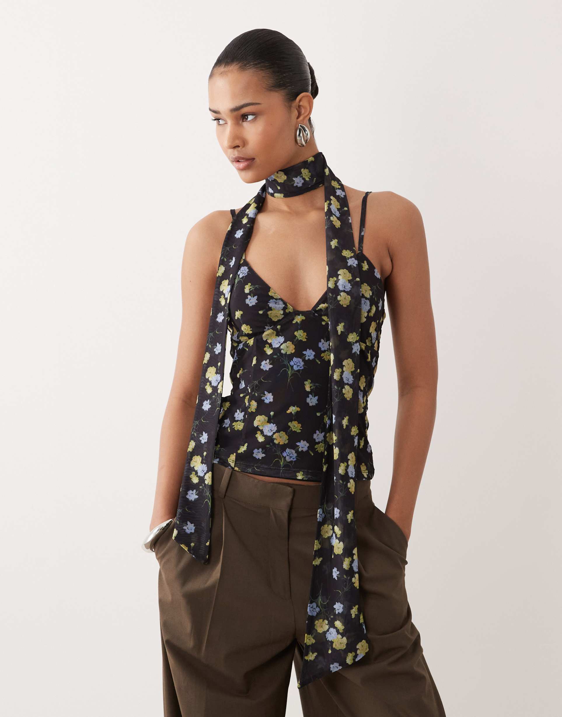 asos design printed mesh cami top with scarf detail in floral print