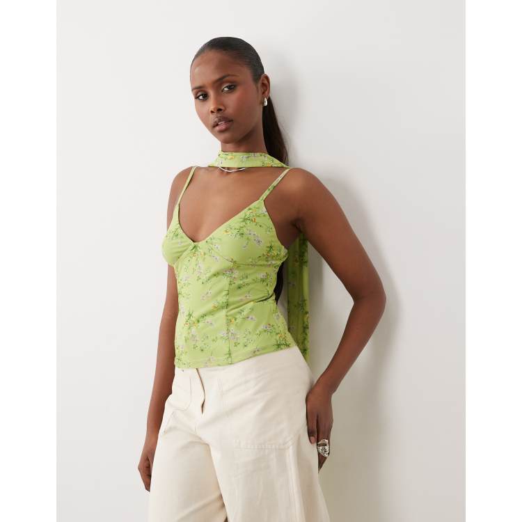 ASOS DESIGN printed mesh cami top with scarf detail in green