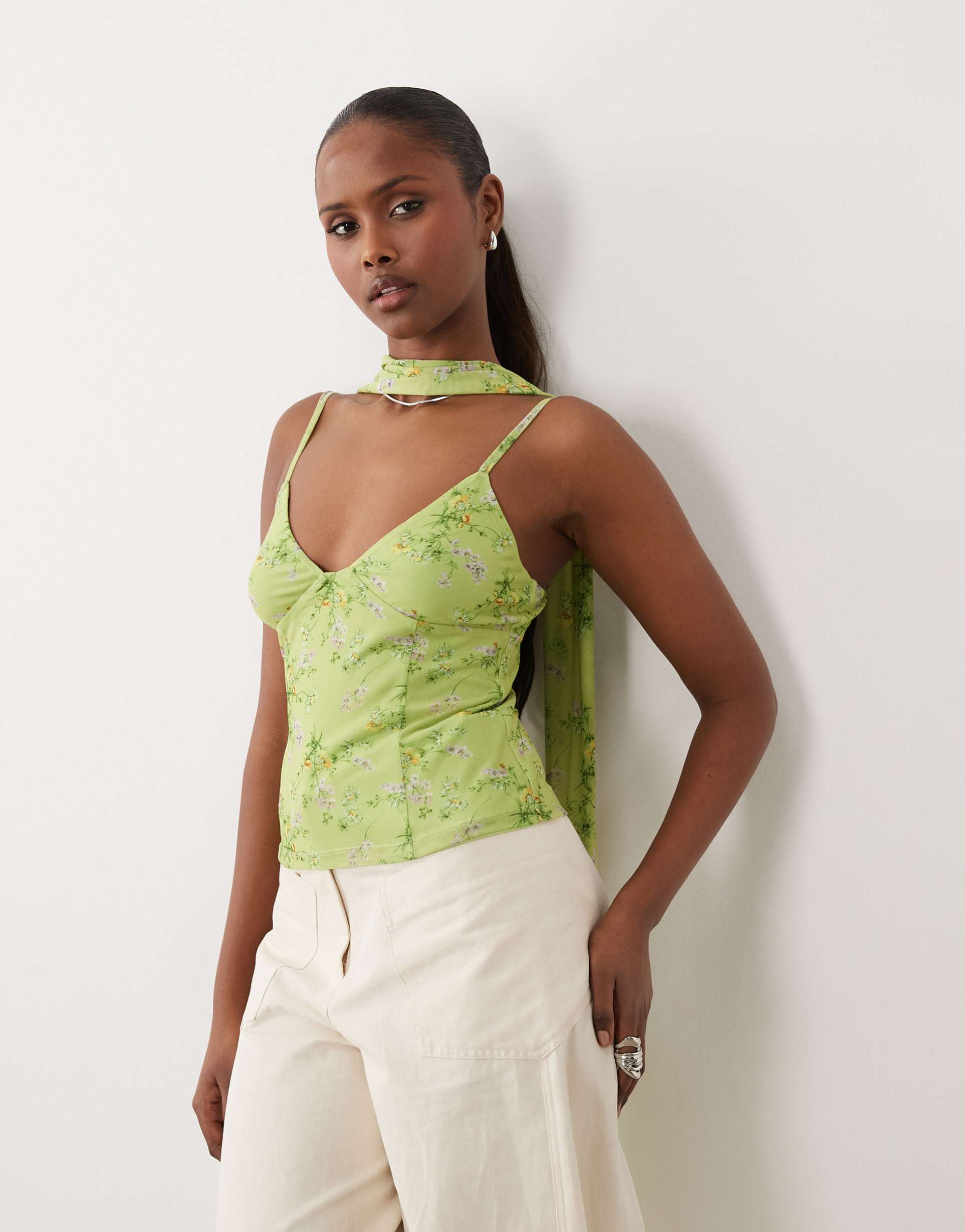asos design printed mesh cami top with scarf detail in green floral print