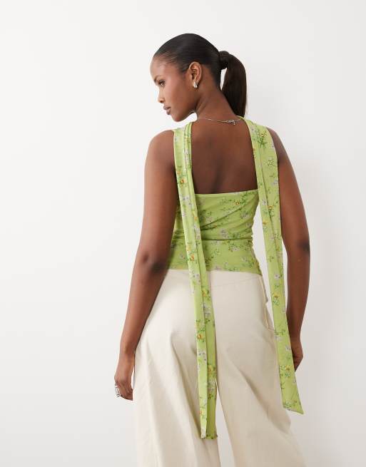 ASOS DESIGN printed mesh cami top with scarf detail in green floral print, 2 of 4