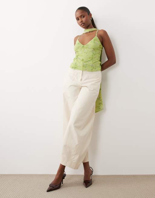 ASOS DESIGN printed mesh cami top with scarf detail in green floral print, 3 of 4