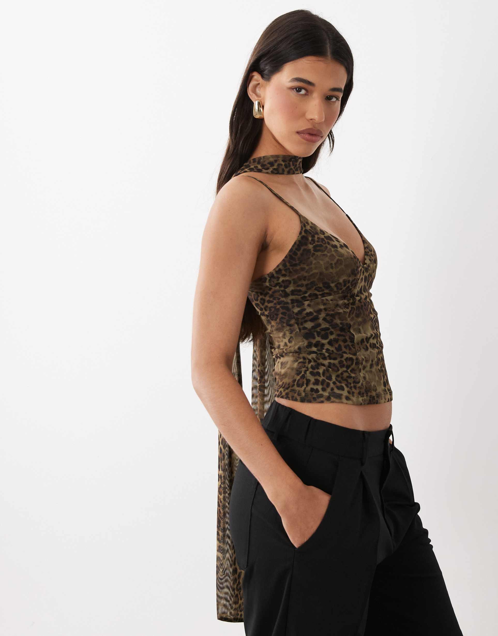 asos design printed mesh cami top with scarf detail in leopard print