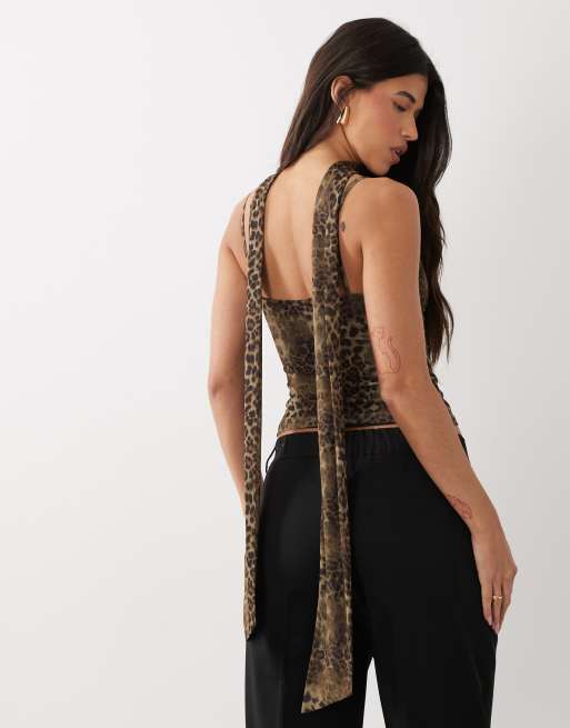 ASOS DESIGN printed mesh cami top with scarf detail in leopard print, 4 of 4