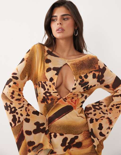 ASOS DESIGN printed mesh cape sleeve mini dress with plunging keyhole detail in orange, 3 of 4