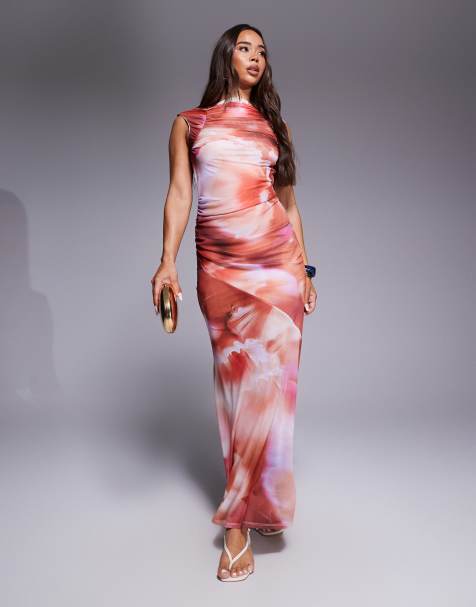ASOS DESIGN printed mesh capped sleeve maxi dress with open back in abstract print - view 1