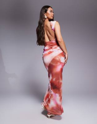 Asos Design Printed Mesh Capped Sleeve Maxi Dress With Open Back In Multi