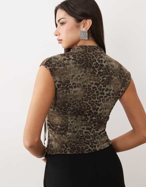 ASOS DESIGN printed mesh capped sleeve tie detail top in animal print, 4 of 4