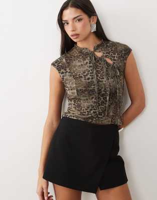 Asos Design Printed Mesh Capped Sleeve Tie Detail Top In Multi