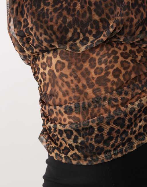 ASOS DESIGN printed mesh cinched waist top in leopard, 2 of 4