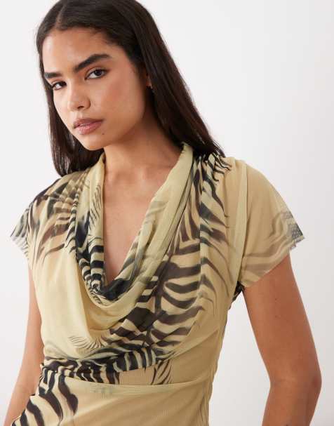 ASOS DESIGN printed mesh co-ord cowl front top in zebra - view 1
