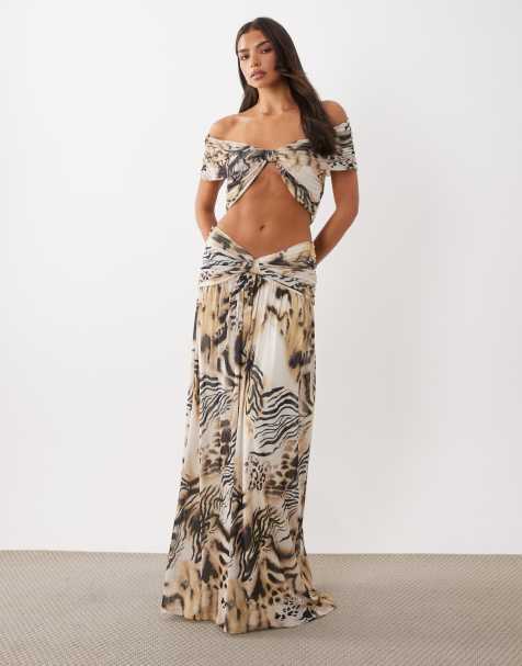 ASOS DESIGN printed mesh co-ord maxi skirt & ruched top in animal - view 1