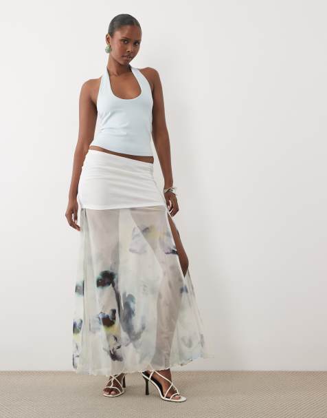 ASOS DESIGN printed mesh co-ord maxi skirt with slit in blue floral - view 1
