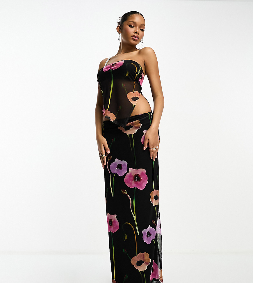 ASOS DESIGN printed mesh column maxi skirt co ord in poppy floral-Multi