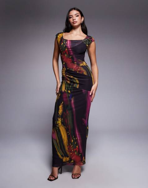 ASOS DESIGN printed mesh cowl drape midi dress with shoulder pad in dark blurred floral - view 1
