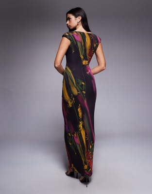 Asos Design Printed Mesh Cowl Drape Midi Dress With Shoulder Pad In Black