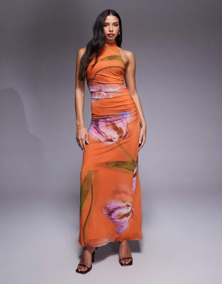 Asos Design Printed Mesh Cowl Neck Maxi Dress With Orange Floral Print-multi In Orange