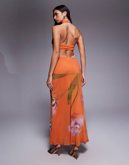ASOS DESIGN printed mesh cowl neck maxi dress with orange floral print