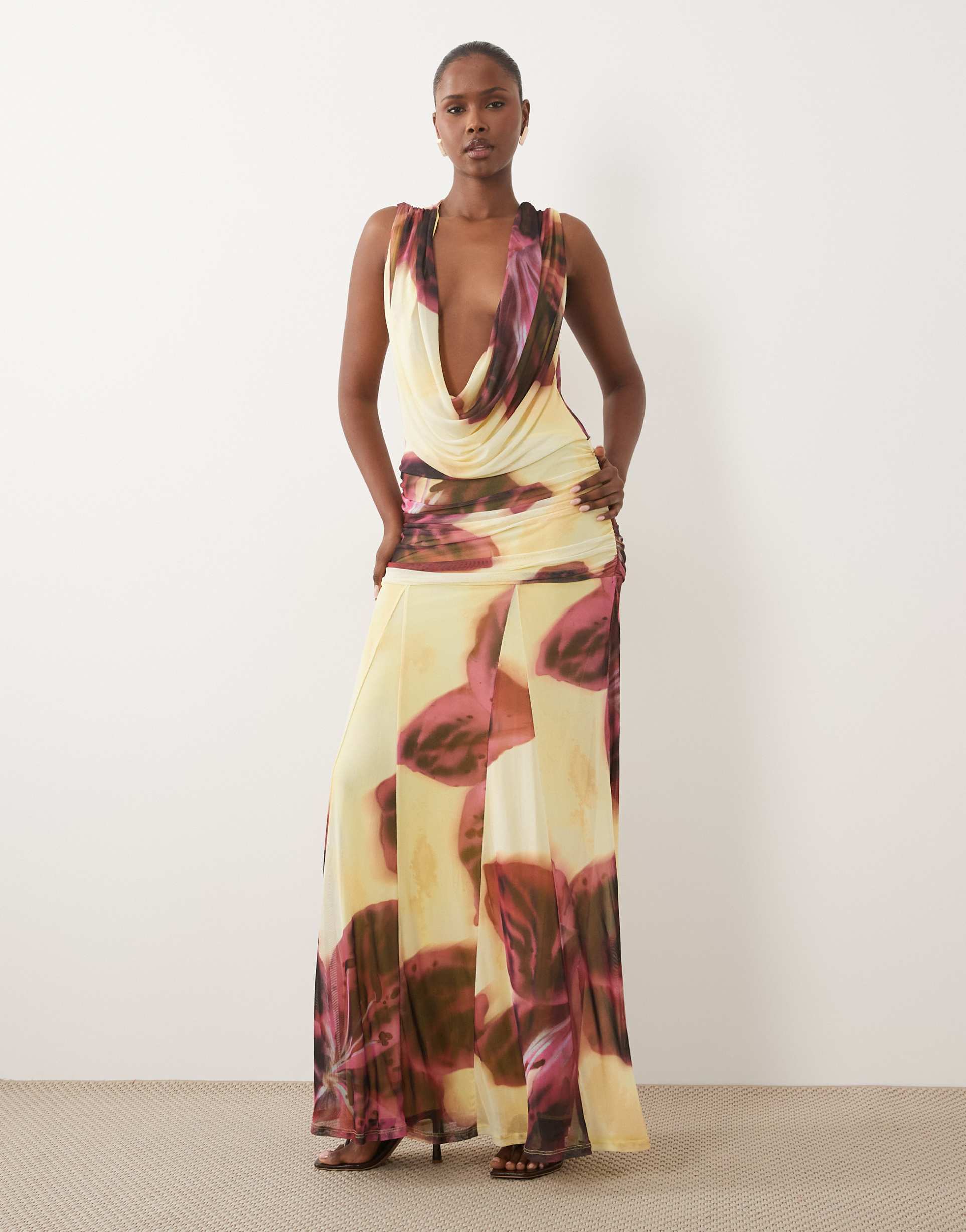 asos design printed mesh deep plunge maxi dress in oversized floral