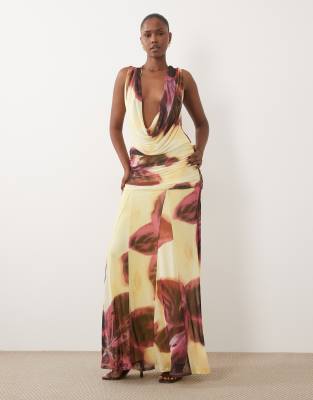 Asos Design Printed Mesh Deep Plunge Mesh Maxi Dress Over Sized Floral-multi