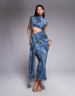 Asos Design Printed Mesh Drape Cut Out Maxi Dress In Blue