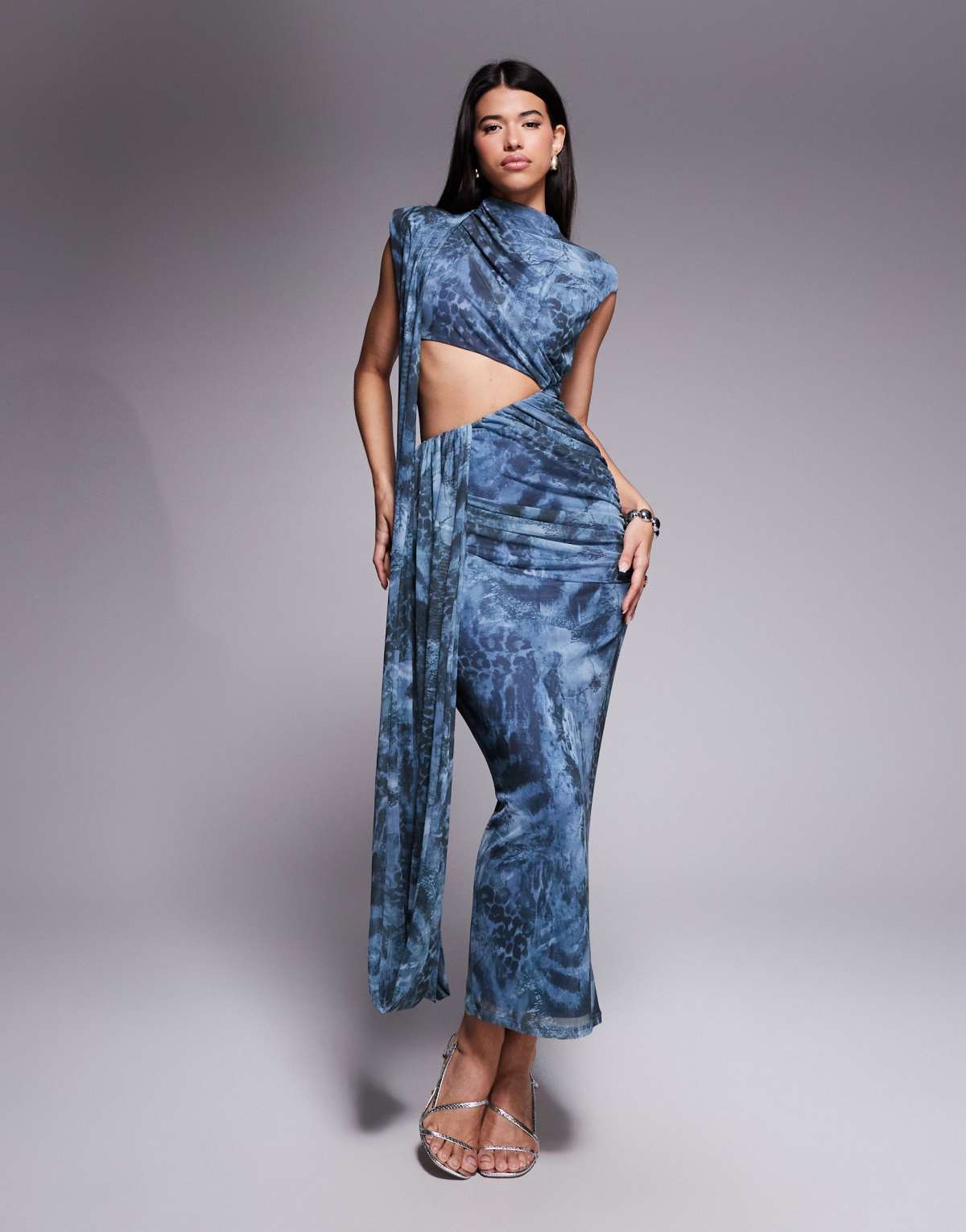 ASOS DESIGN printed mesh drape cut out maxi dress in floral animal print