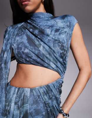 Asos Design Printed Mesh Drape Cut Out Maxi Dress In Blue