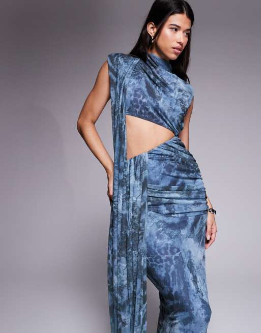 ASOS DESIGN printed mesh drape cut out maxi dress in floral animal print, 4 of 4