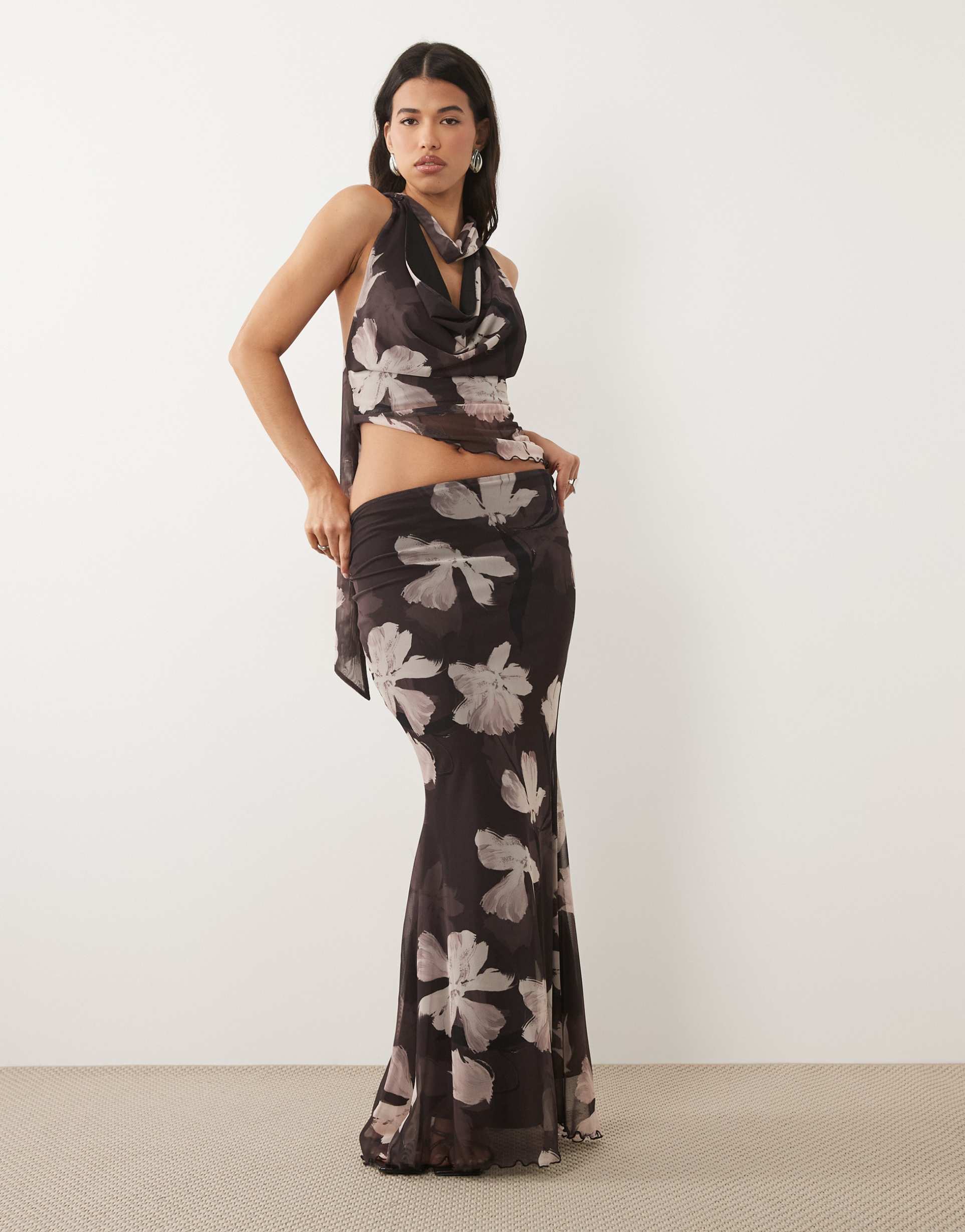 asos design printed mesh drape maxi skirt in brown floral - part of a set