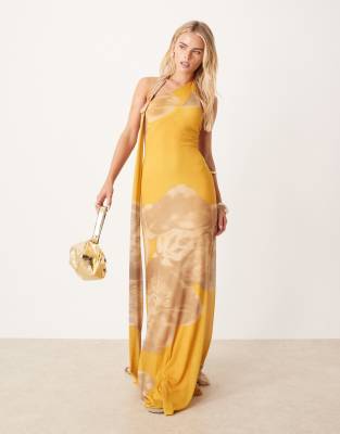 Asos Design Printed Mesh Drape Scarf Neck Maxi Dress With Gold Hardware In Multi