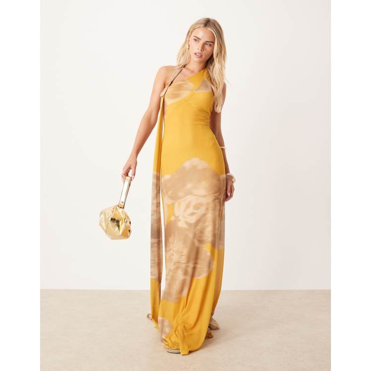 ASOS DESIGN printed mesh drape scarf neck maxi dress with gold hardware in  yellow floral print | ASOS