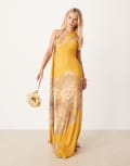 [ASOS DESIGN] ASOS DESIGN printed mesh drape scarf neck maxi dress with gold hardware in yellow floral print-Multi 8 Yellow floral print