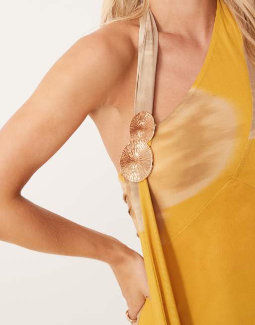 ASOS DESIGN printed mesh drape scarf neck maxi dress with gold hardware in yellow floral print