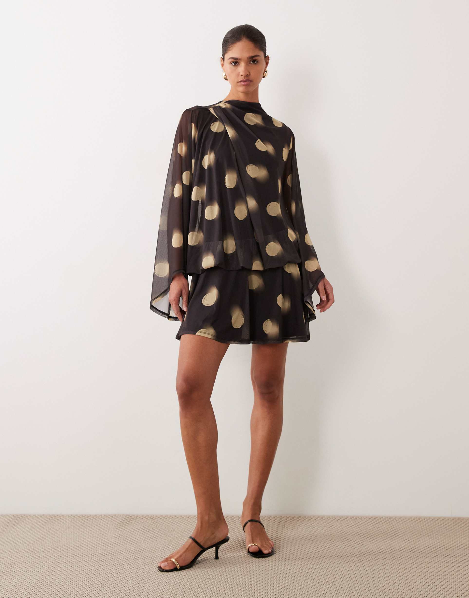 asos design printed mesh draped blouson mini dress in polka-dot print