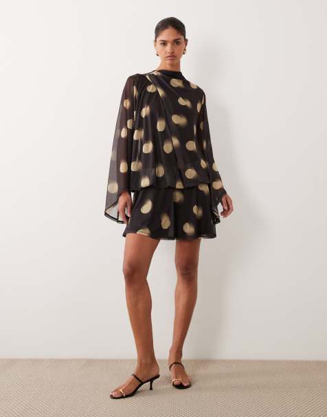 ASOS DESIGN printed mesh draped blouson mini dress in spot print