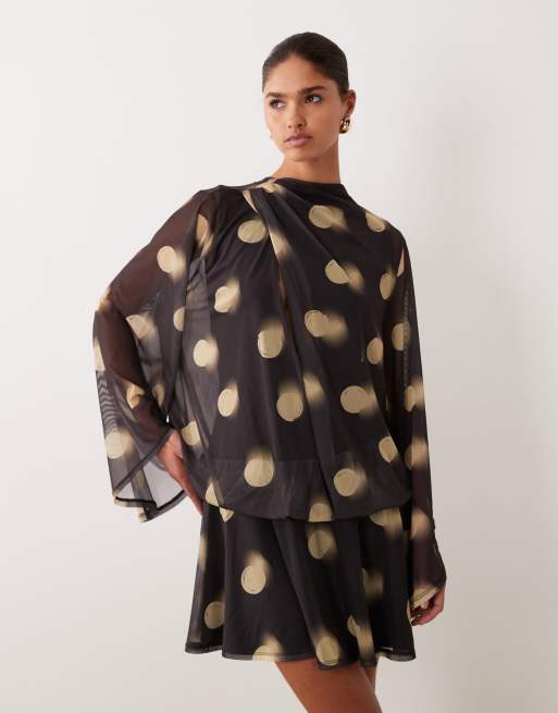 ASOS DESIGN printed mesh draped blouson mini dress in spot print, 2 of 4