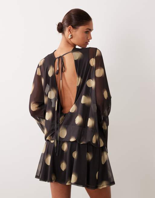 ASOS DESIGN printed mesh draped blouson mini dress in spot print, 4 of 4