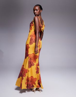 Asos Design Printed Mesh Draped Front Maxi Dress