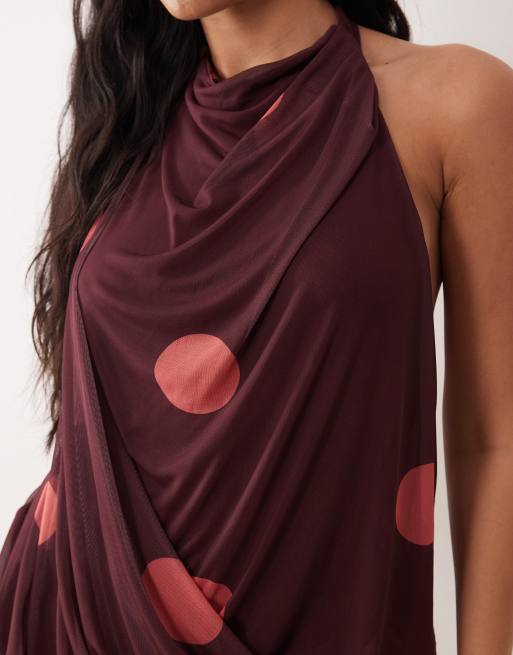 ASOS DESIGN printed mesh draped halter mini dress with blouson in polka dot, 3 of 4
