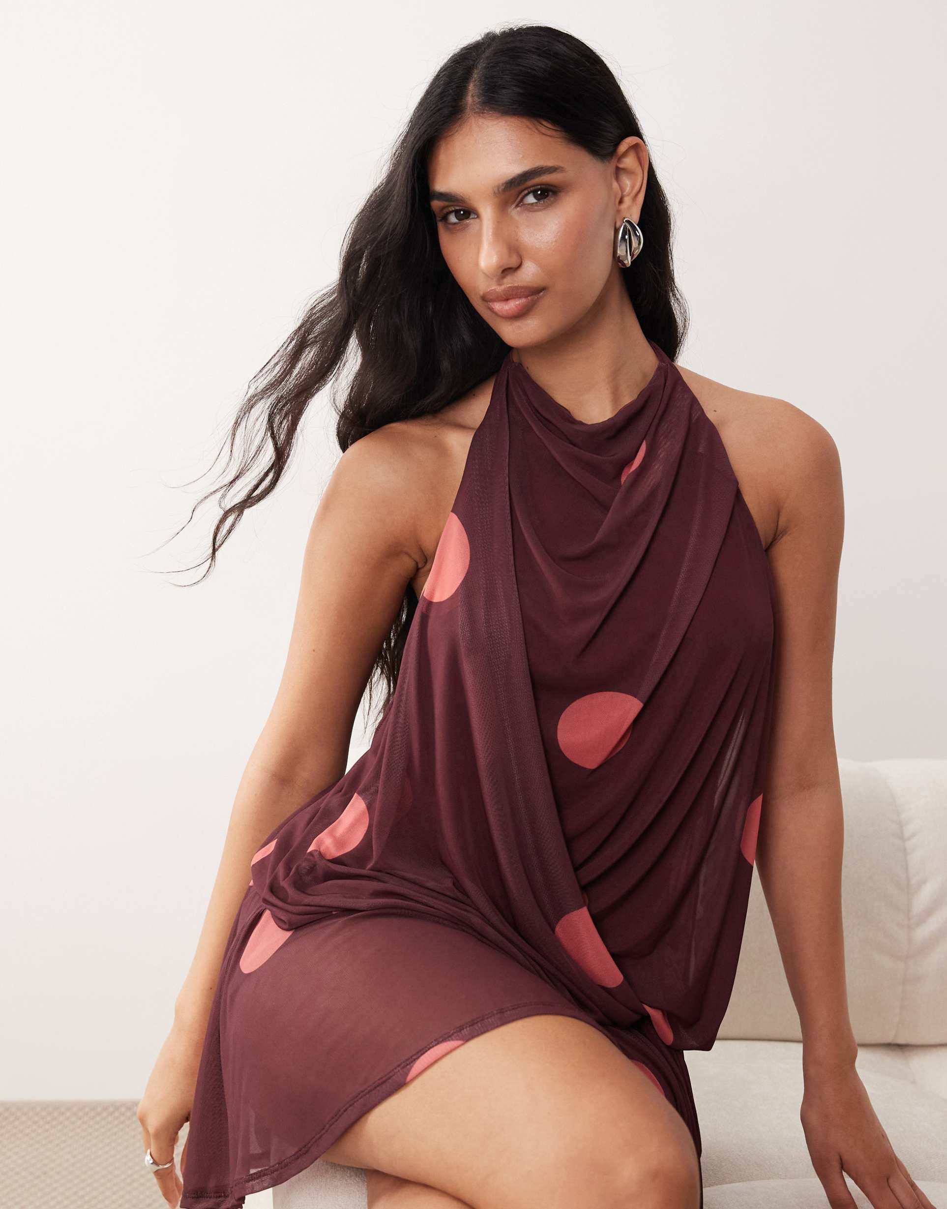 asos design printed mesh draped halter neck mini dress with blouson in polka dots