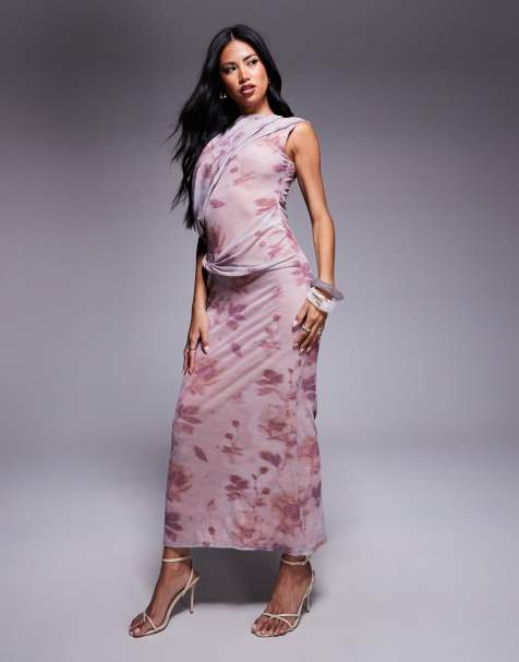 ASOS DESIGN printed mesh draped one shoulder midi dress in blurred floral print - view 1